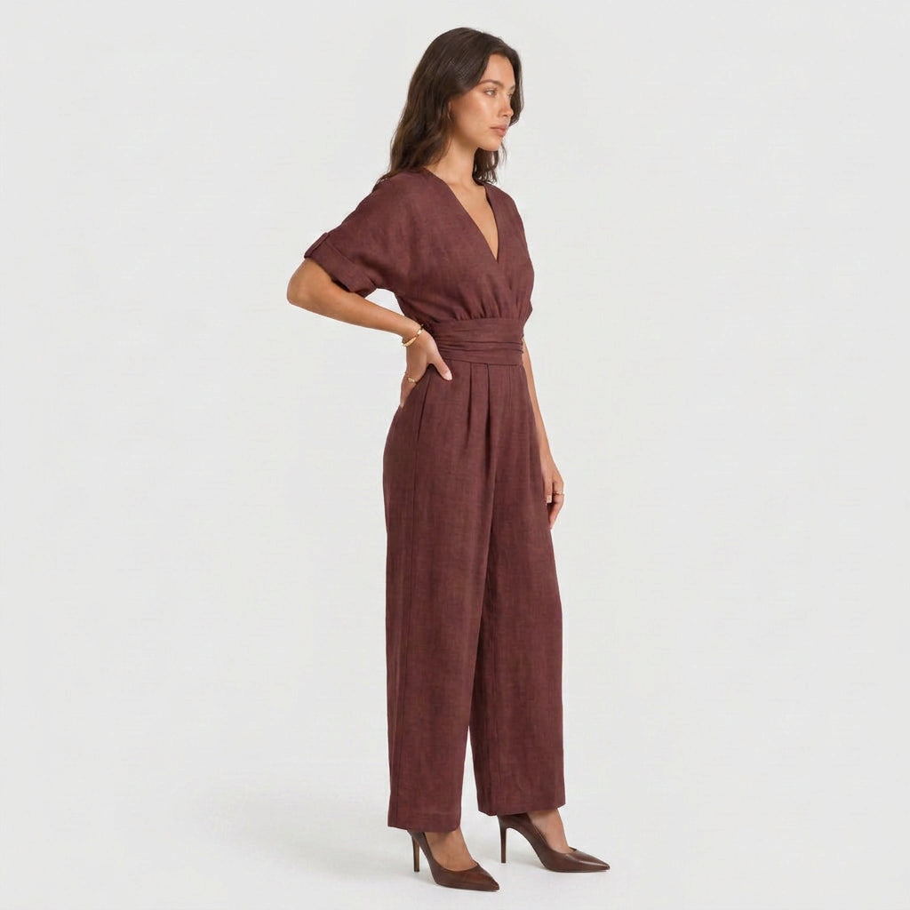 Combinaison Longue à Aspect Lin et Taille Nouée pour Femme