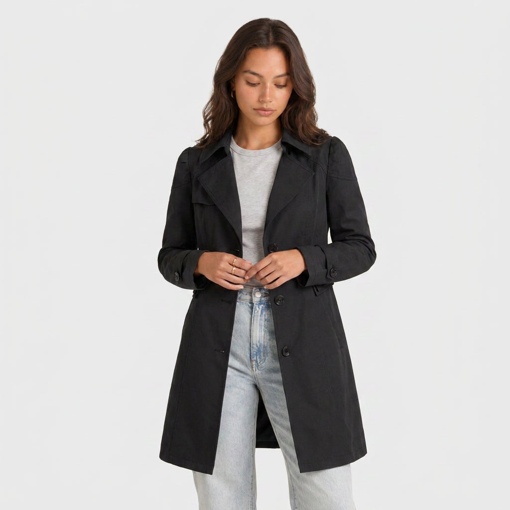 Trench-Coat Mi-Long Cintré à Col Tailleur pour Femme
