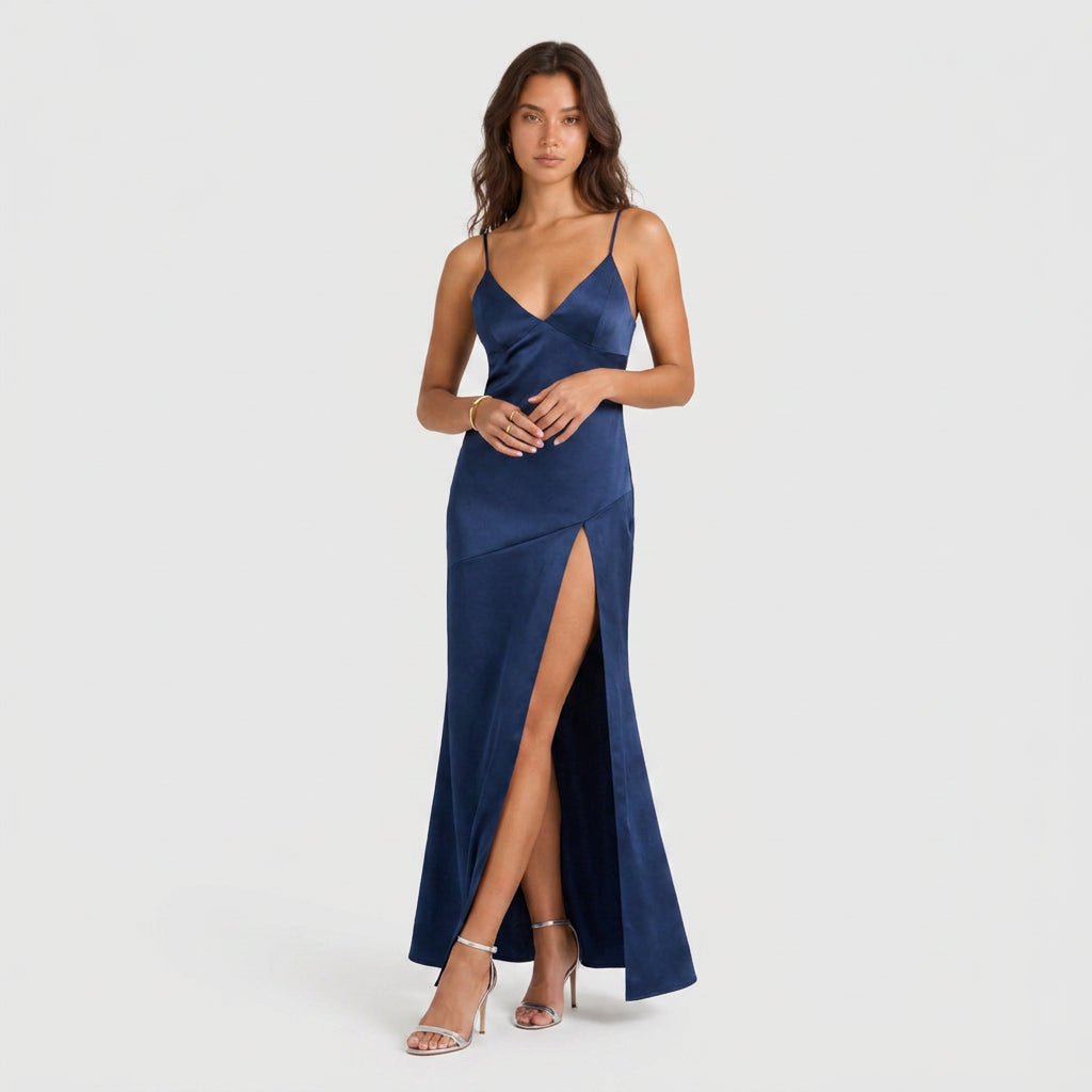 Robe de Soirée Longue en Satin à Fente pour Femme