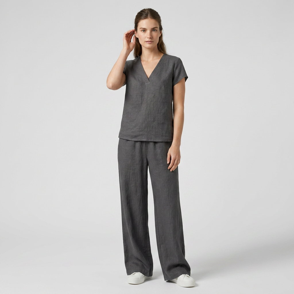 Ensemble Top Col V Pantalon Large Taille Haute pour Femme