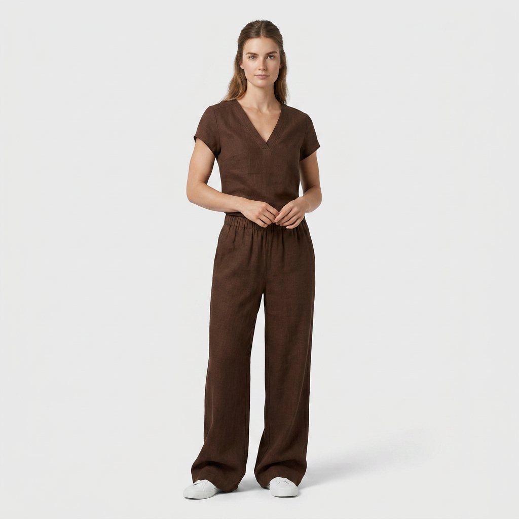 Ensemble Top Col V Pantalon Large Taille Haute pour Femme