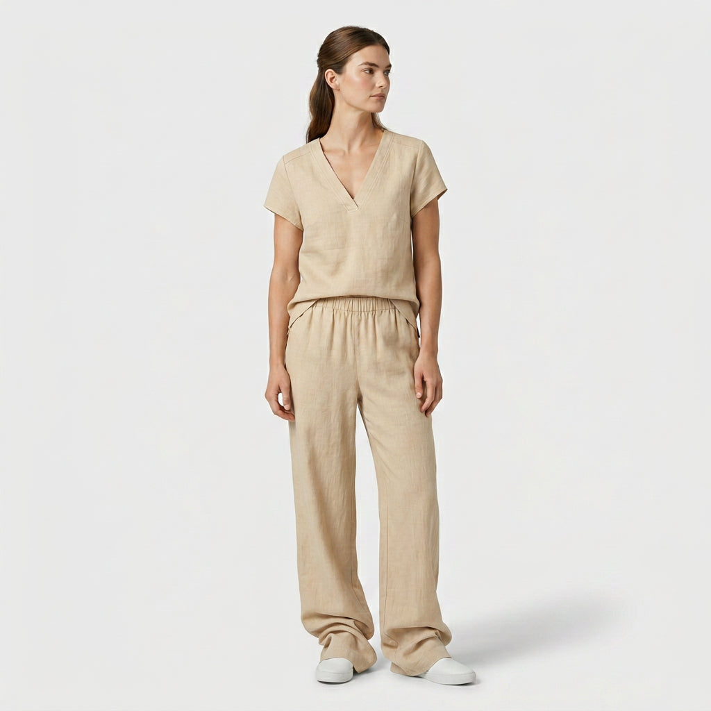 Ensemble Top Col V Pantalon Large Taille Haute pour Femme