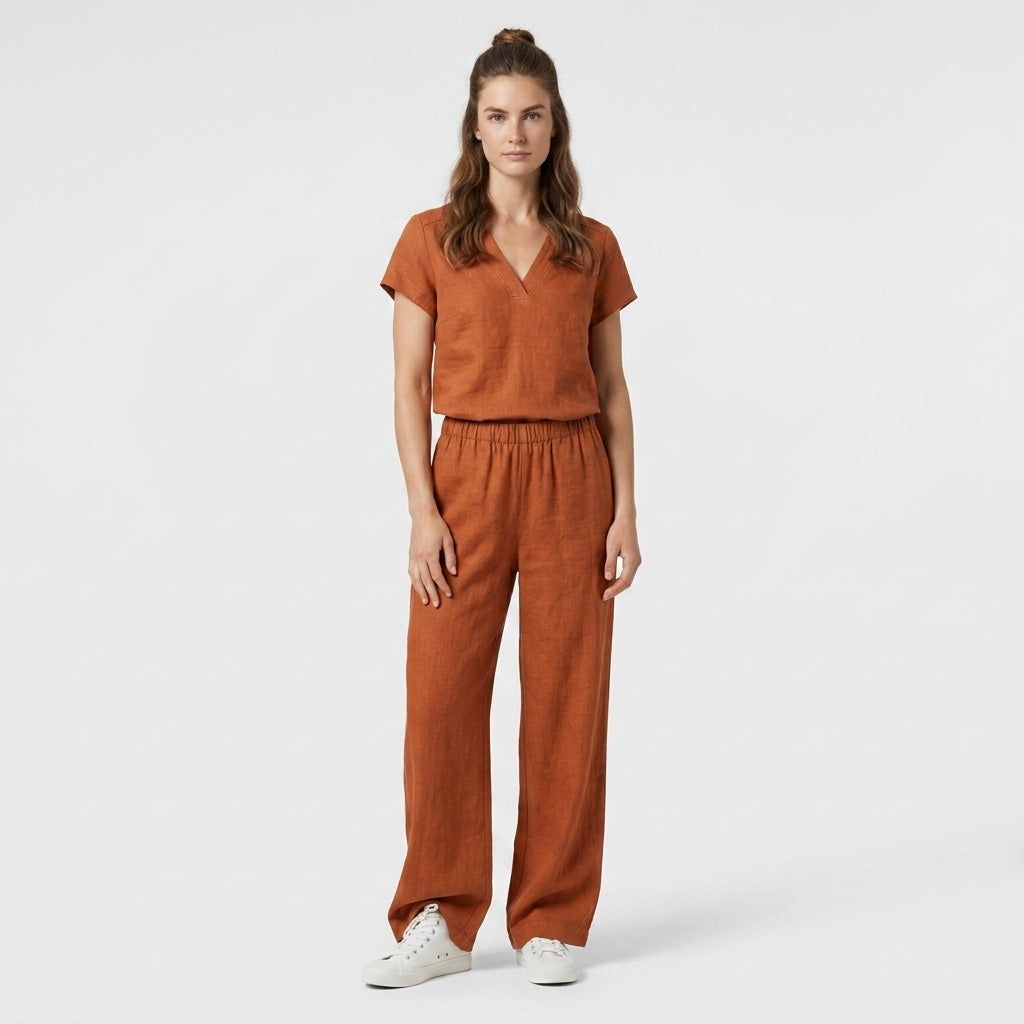 Ensemble Top Col V Pantalon Large Taille Haute pour Femme