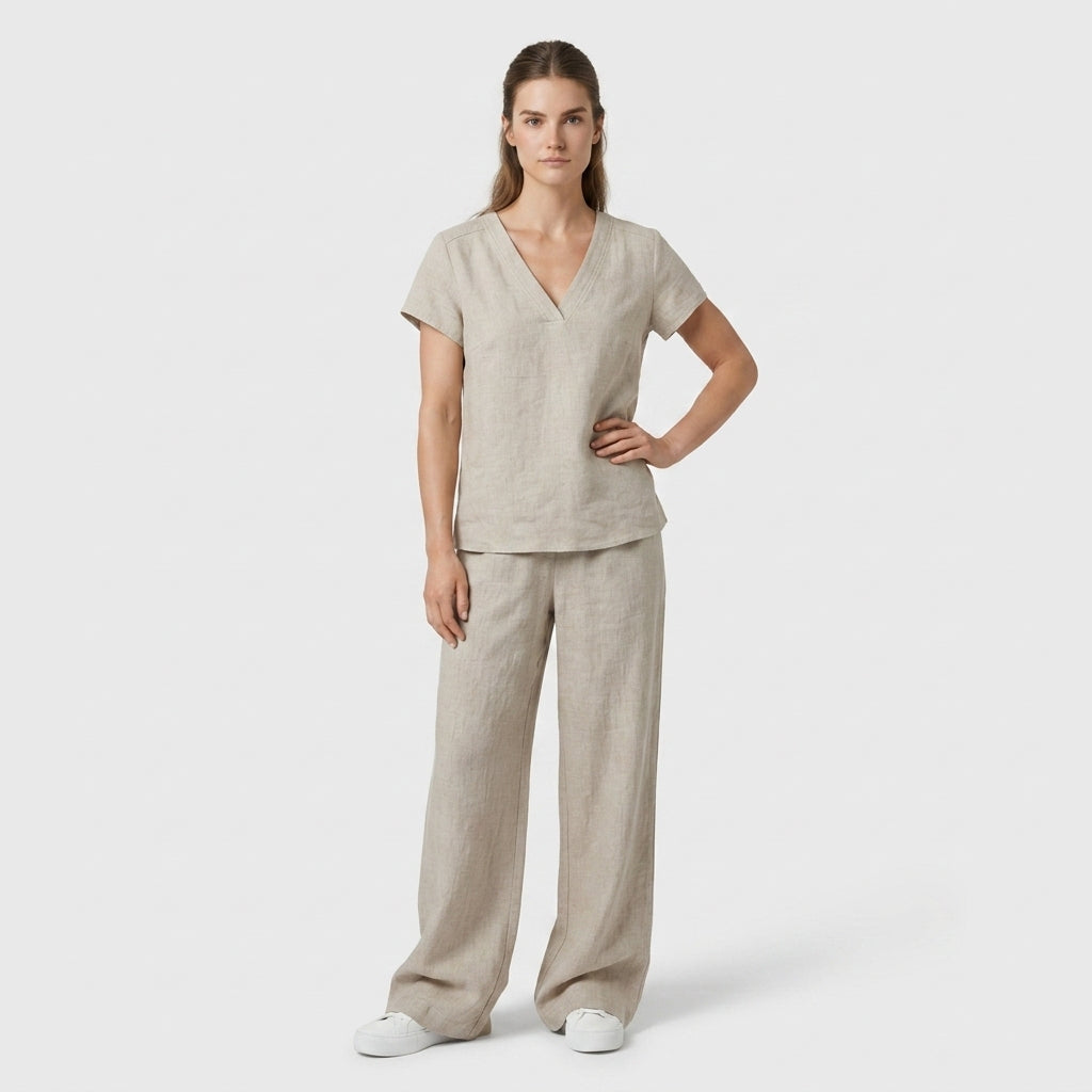 Ensemble Top Col V Pantalon Large Taille Haute pour Femme