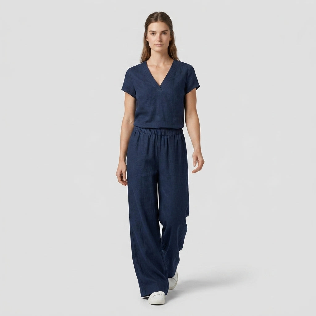 Ensemble Top Col V Pantalon Large Taille Haute pour Femme