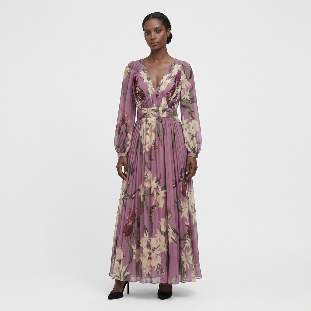 Robe Maxi Imprimée Manches Longues Coupe Fluide pour Femme