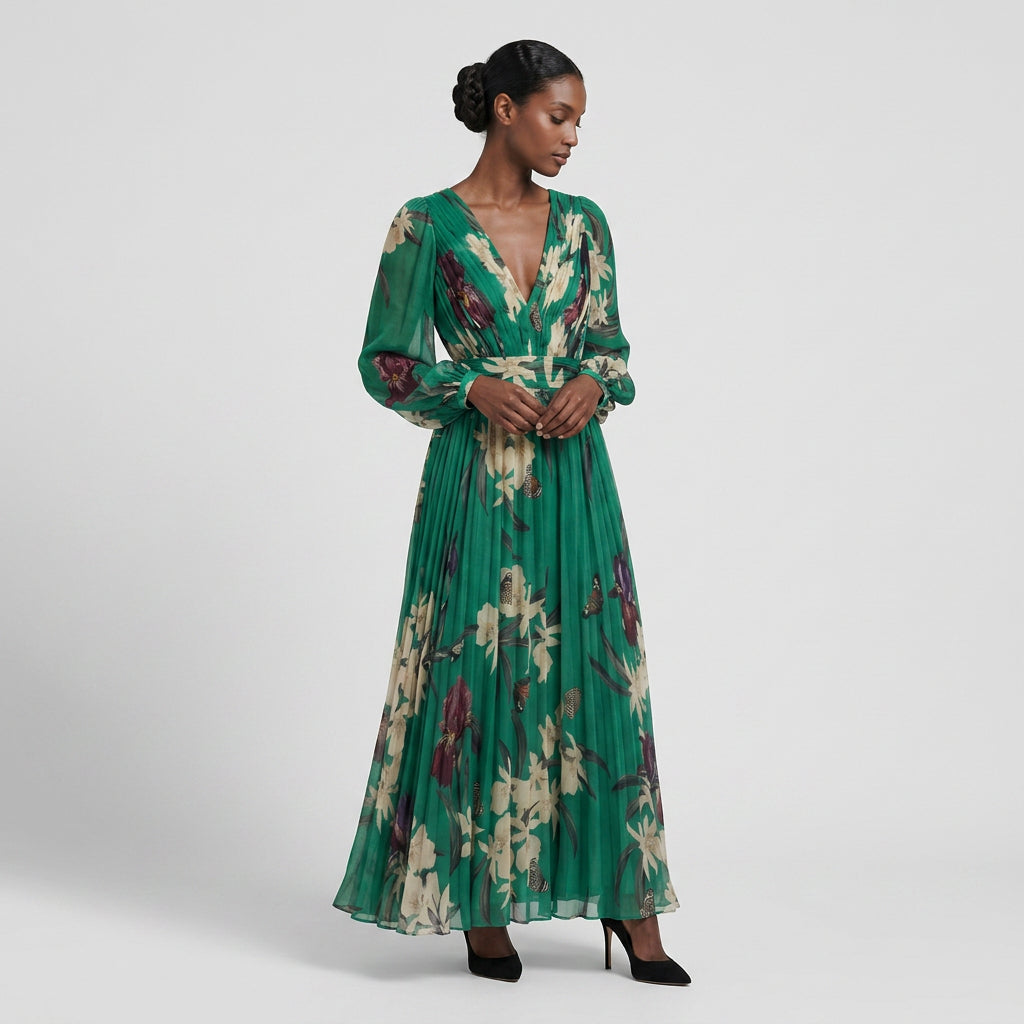Robe Maxi Imprimée Manches Longues Coupe Fluide pour Femme