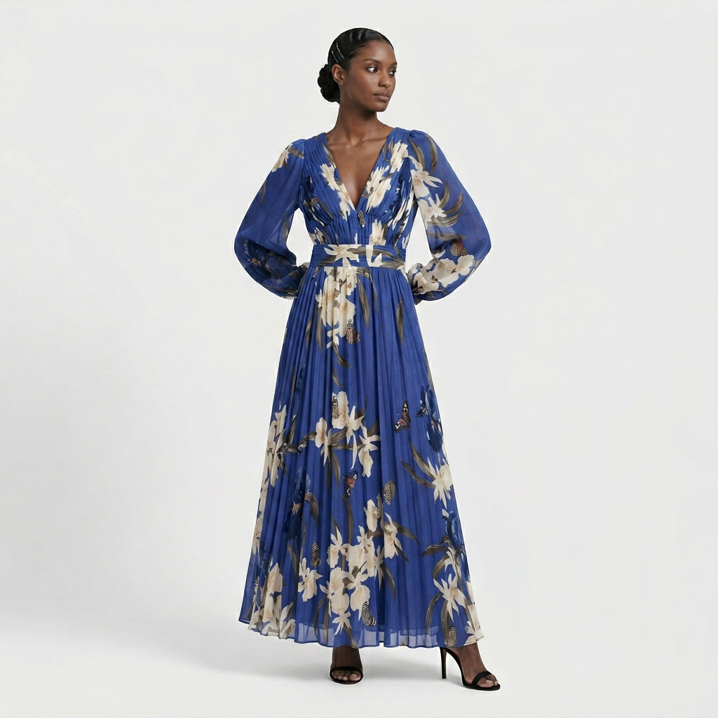 Robe Maxi Imprimée Manches Longues Coupe Fluide pour Femme