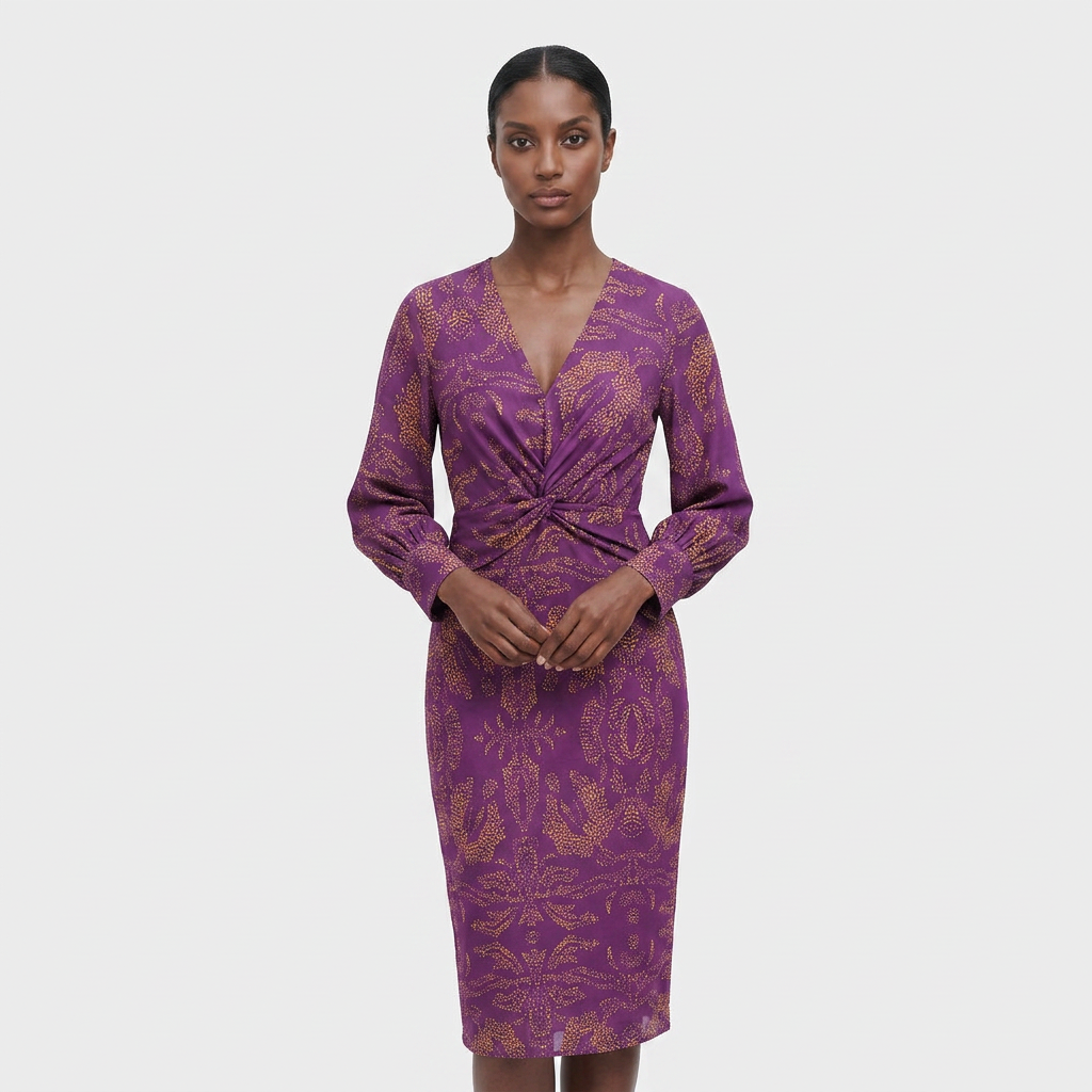 Robe Col V Manches Longues Coupe Ajustée pour Femme