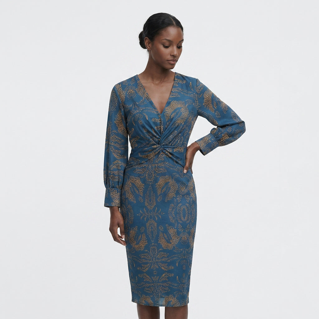 Robe Col V Manches Longues Coupe Ajustée pour Femme