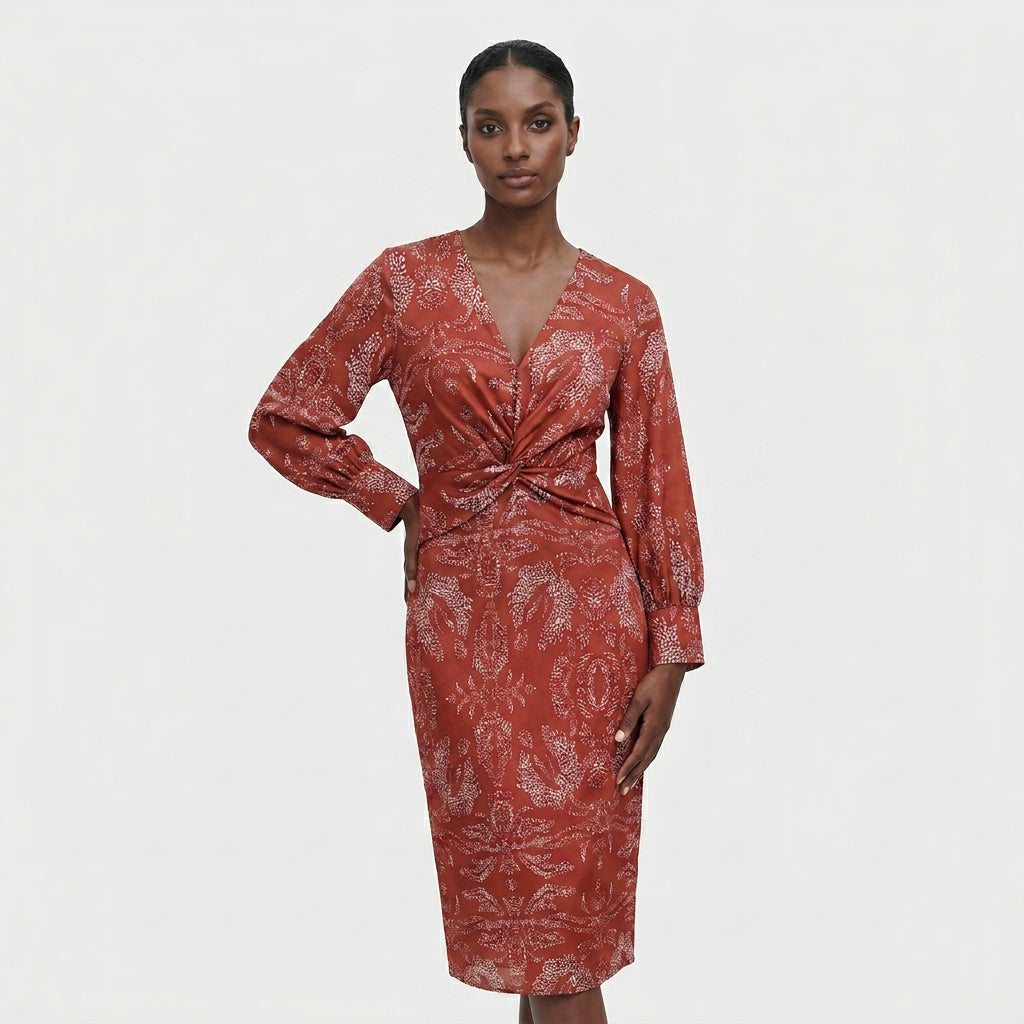 Robe Col V Manches Longues Coupe Ajustée pour Femme