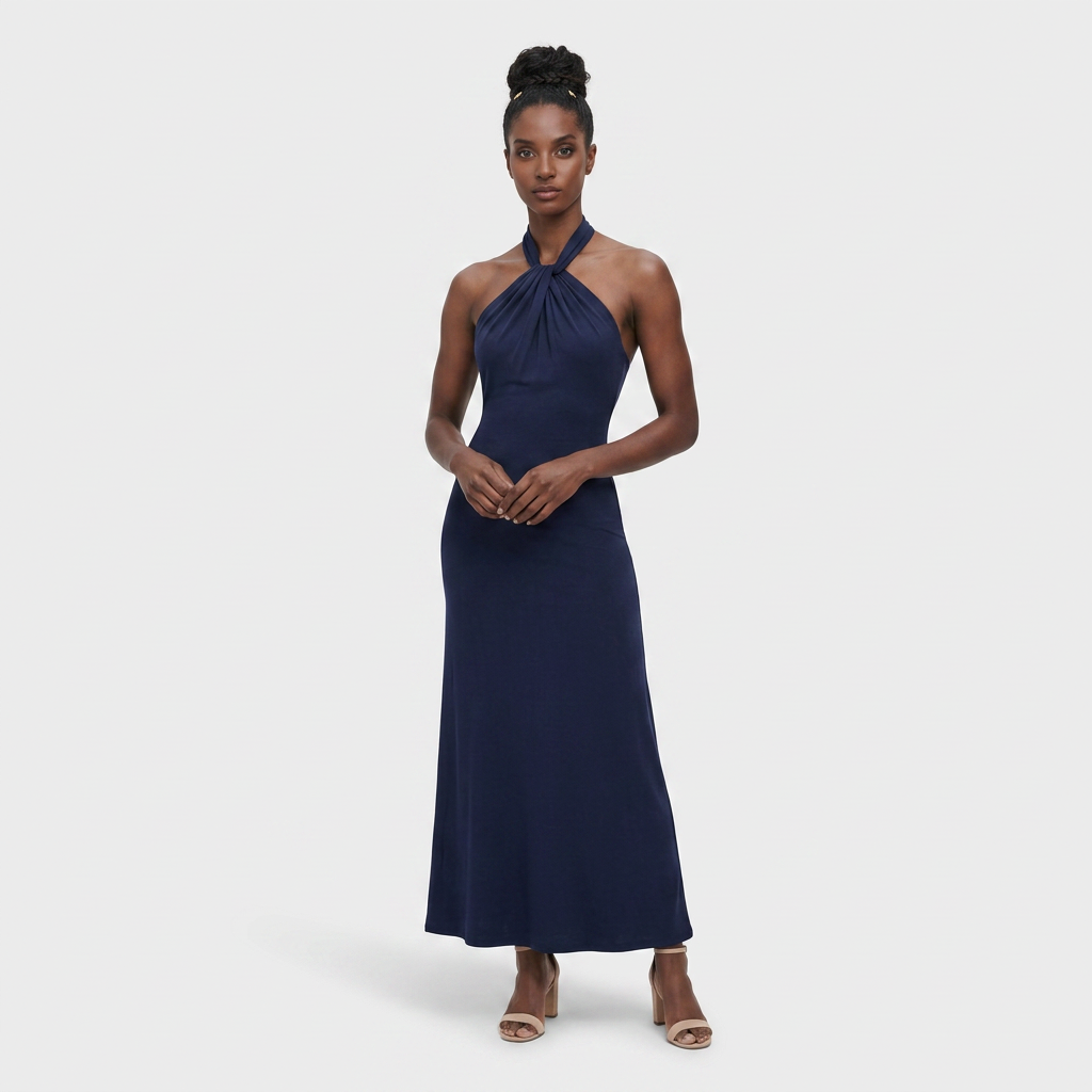 Robe Maxi Col Halter Drapé Élégant Pour Femme