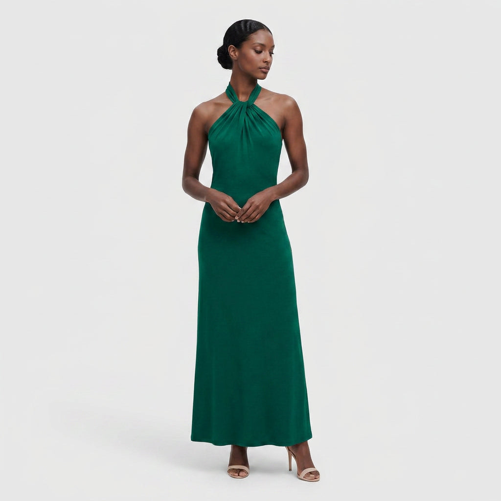 Robe Maxi Col Halter Drapé Élégant Pour Femme