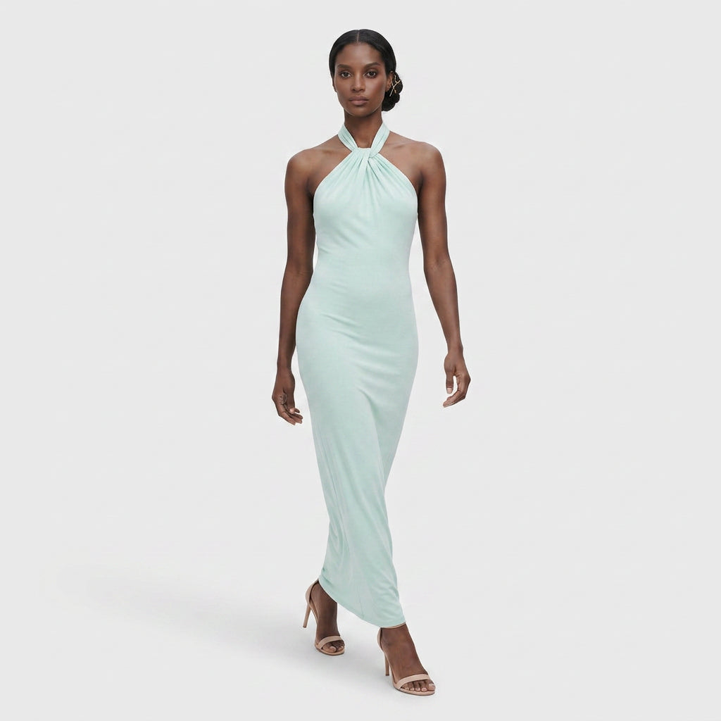 Robe Maxi Col Halter Drapé Élégant Pour Femme