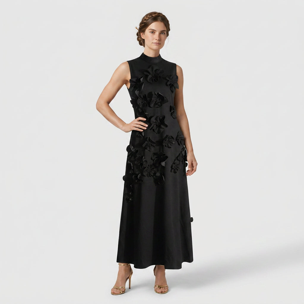 Robe Maxi Col Montant Appliqués Floraux Pour Femme