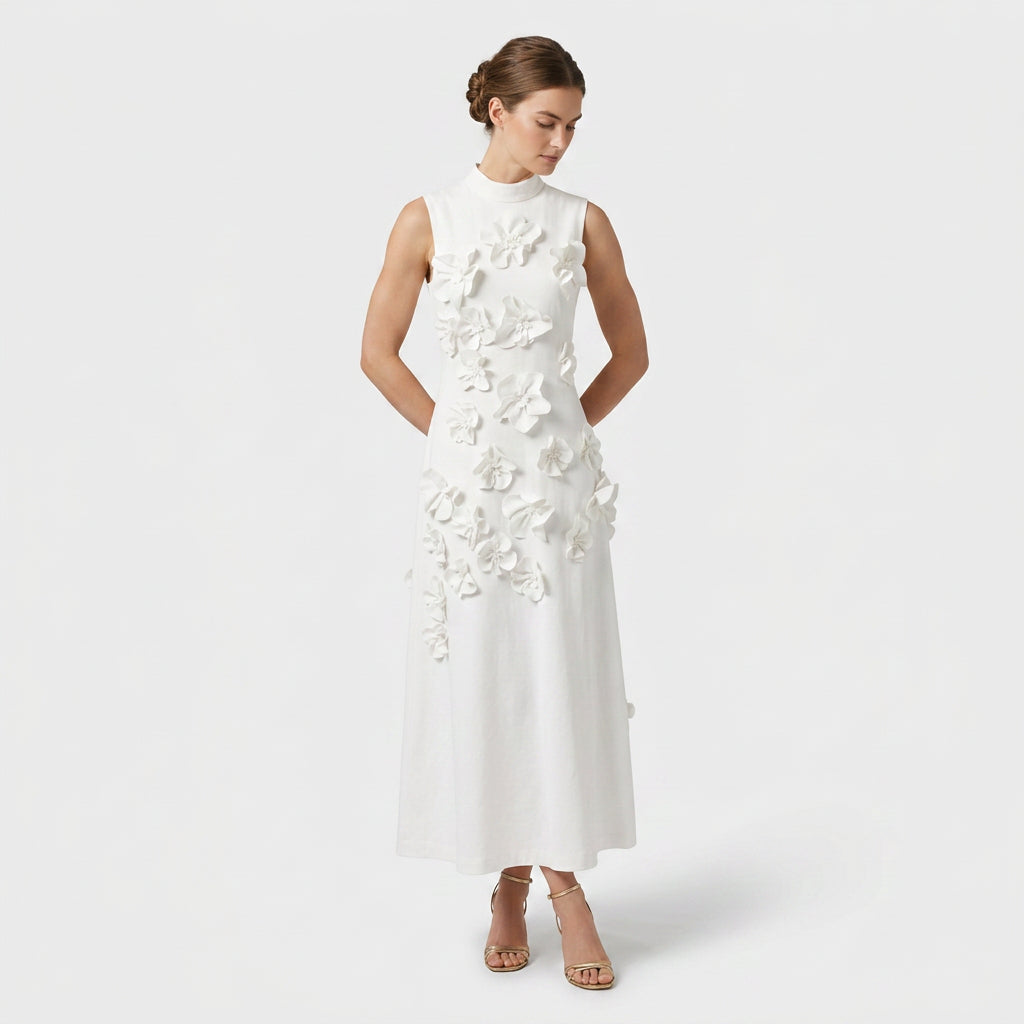 Robe Maxi Col Montant Appliqués Floraux Pour Femme
