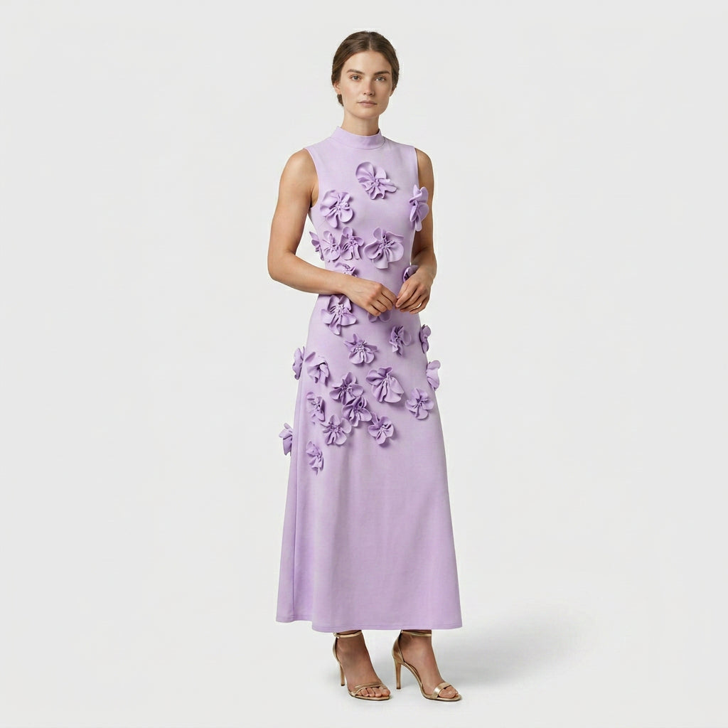 Robe Maxi Col Montant Appliqués Floraux Pour Femme