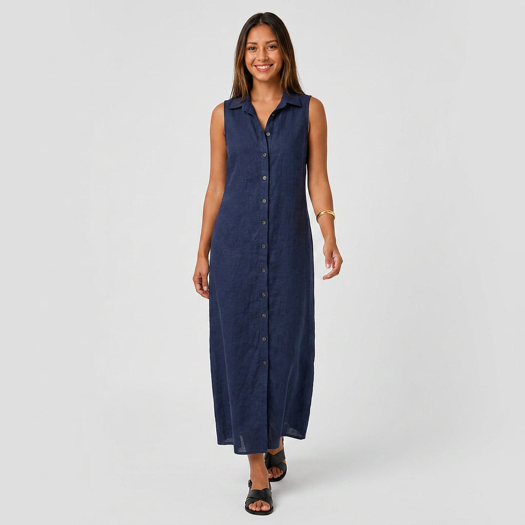 Robe Chemise Maxi Lin Sans Manches Boutonnée Col Chemise Pour Femme