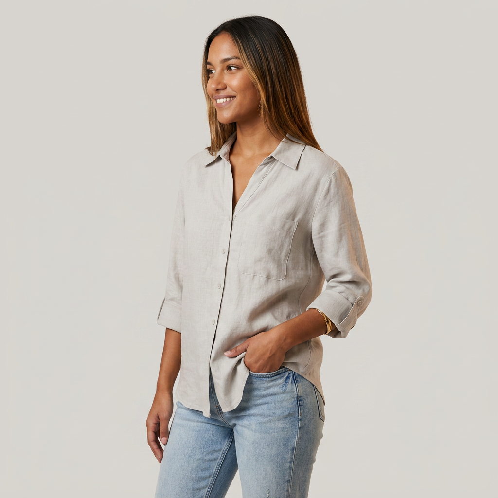 Chemise Lin Manches Retroussables Poche Poitrine Pour Femme