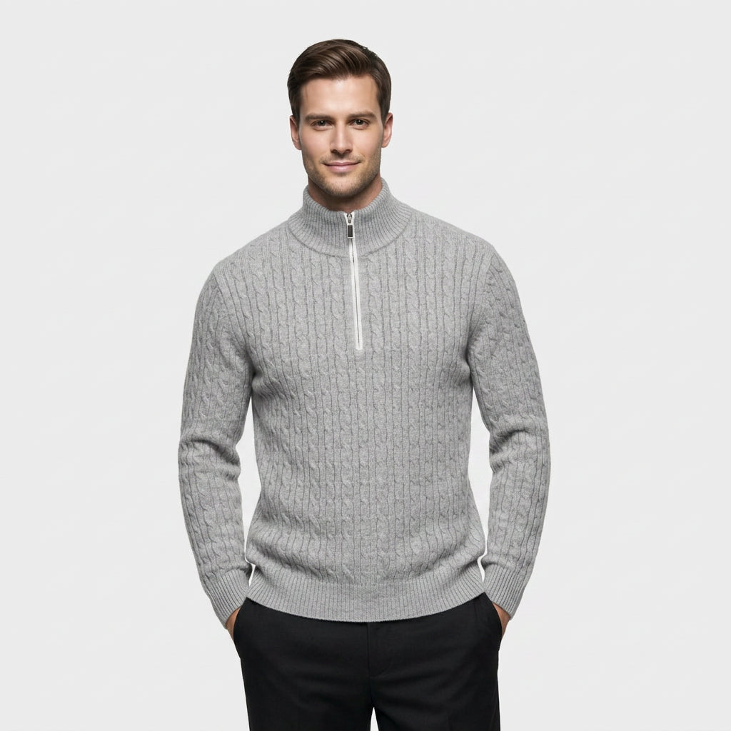 Pull en Maille Torsadée à Col Zippé pour Homme