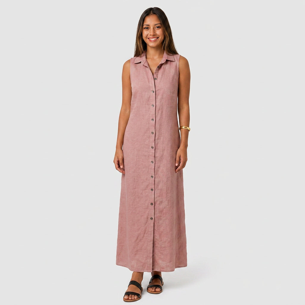 Robe Chemise Maxi Lin Sans Manches Boutonnée Col Chemise Pour Femme