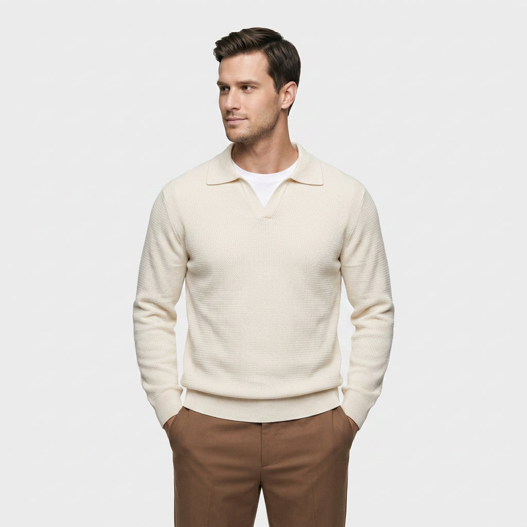 Pull Polo en Maille Texturée à Col Ouvert pour Homme
