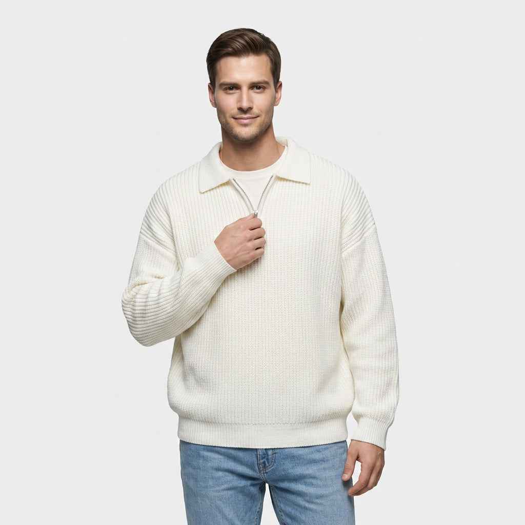 Pull Oversize à Col Polo Zippé en Maille Côtelée pour Homme