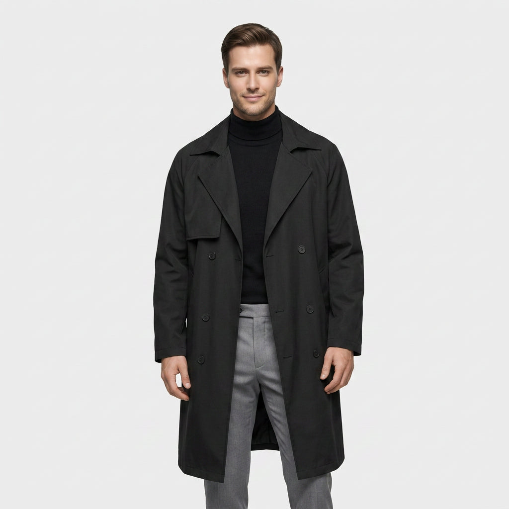 Trench-Coat Long Croisé à Col Tailleur pour Homme