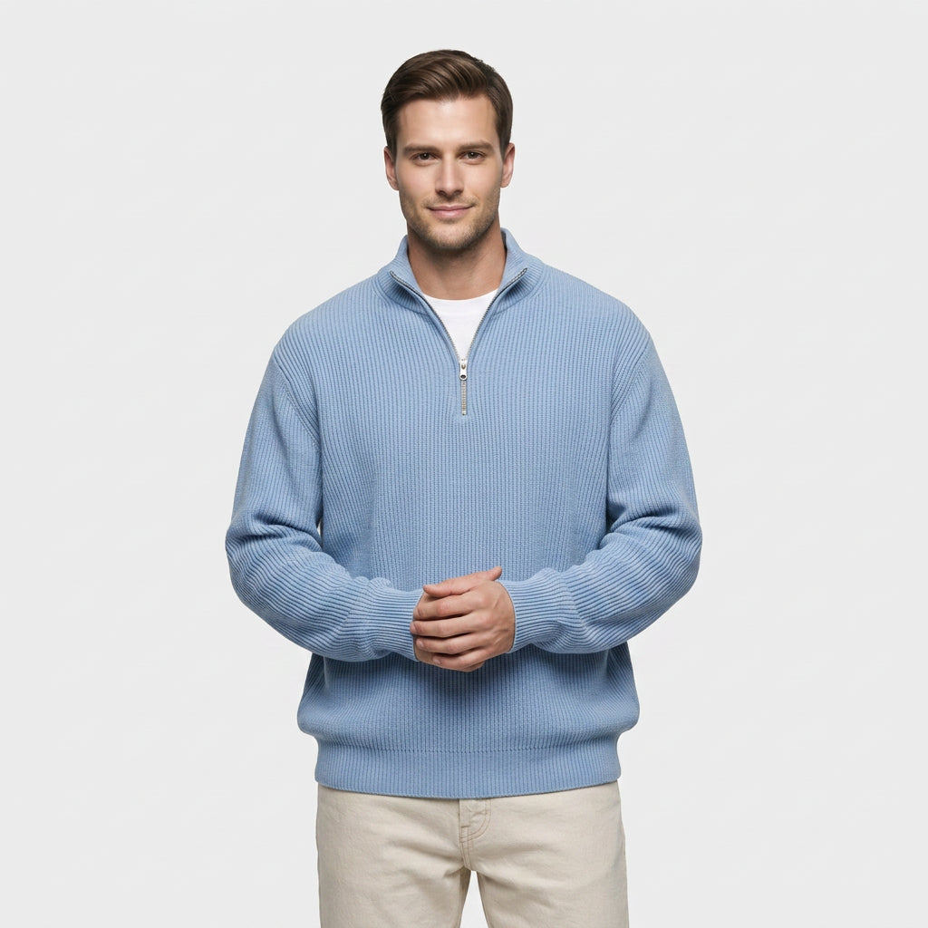 Pull en Maille Côtelée à Col Zippé pour Homme