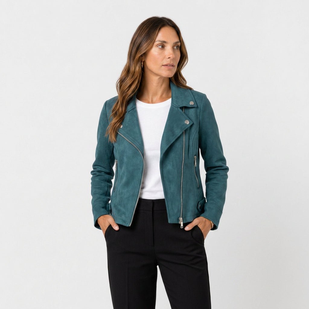 Veste Perfecto à Aspect Daim et Zip Asymétrique pour Femme