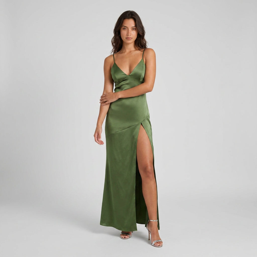 Robe de Soirée Longue en Satin à Fente pour Femme