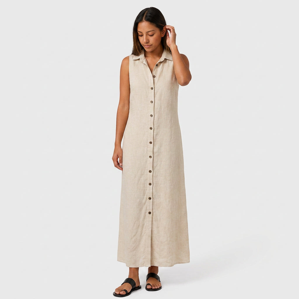 Robe Chemise Maxi Lin Sans Manches Boutonnée Col Chemise Pour Femme