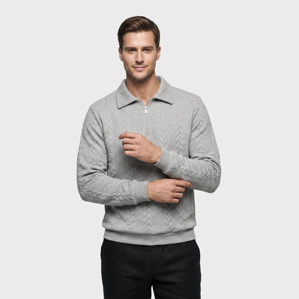 Pull à Col Polo Zippé et Motif Torsadé pour Homme