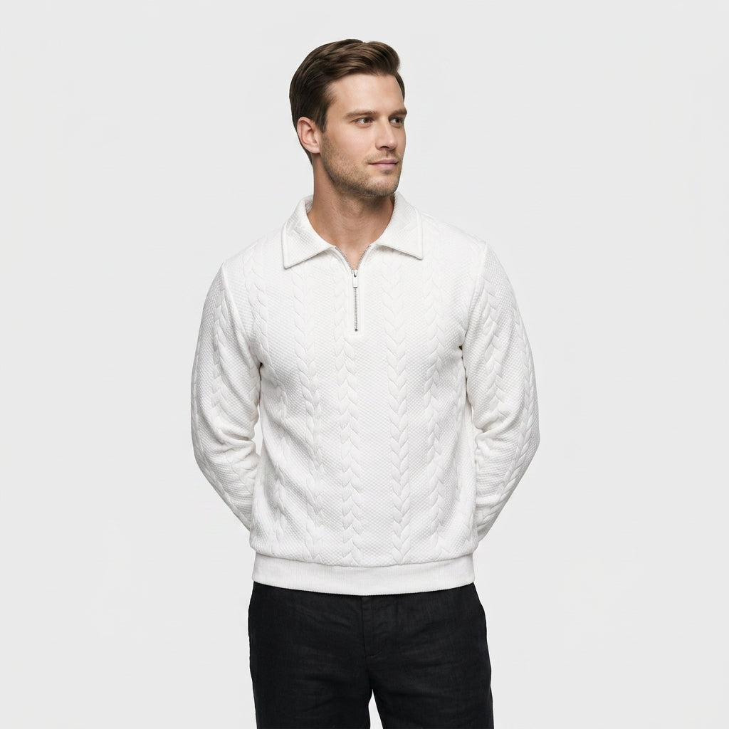 Pull à Col Polo Zippé et Motif Torsadé pour Homme