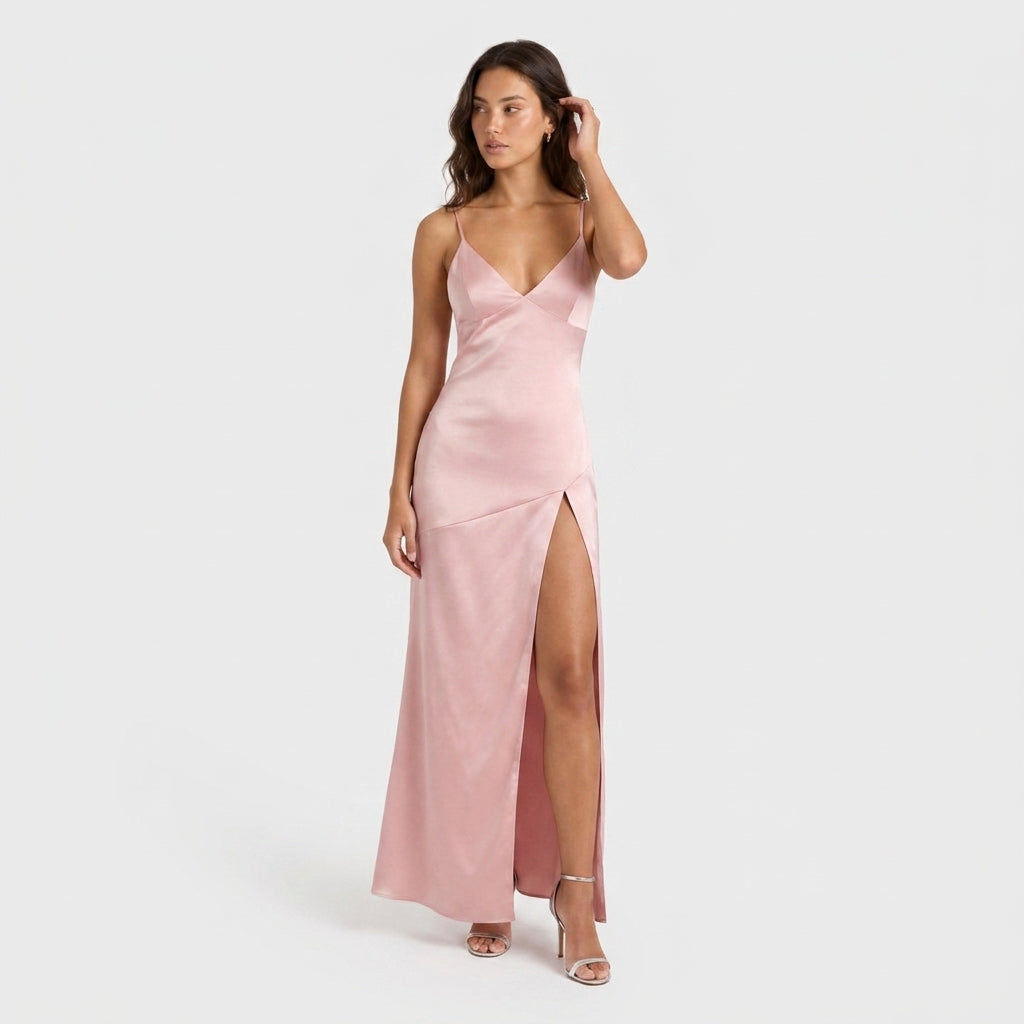 Robe de Soirée Longue en Satin à Fente pour Femme