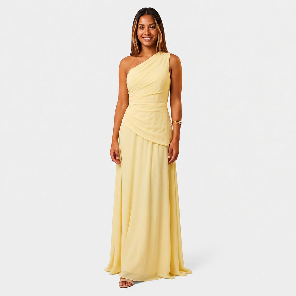 Robe Maxi Mousseline Une Épaule Drapée Évasée Pour Femme