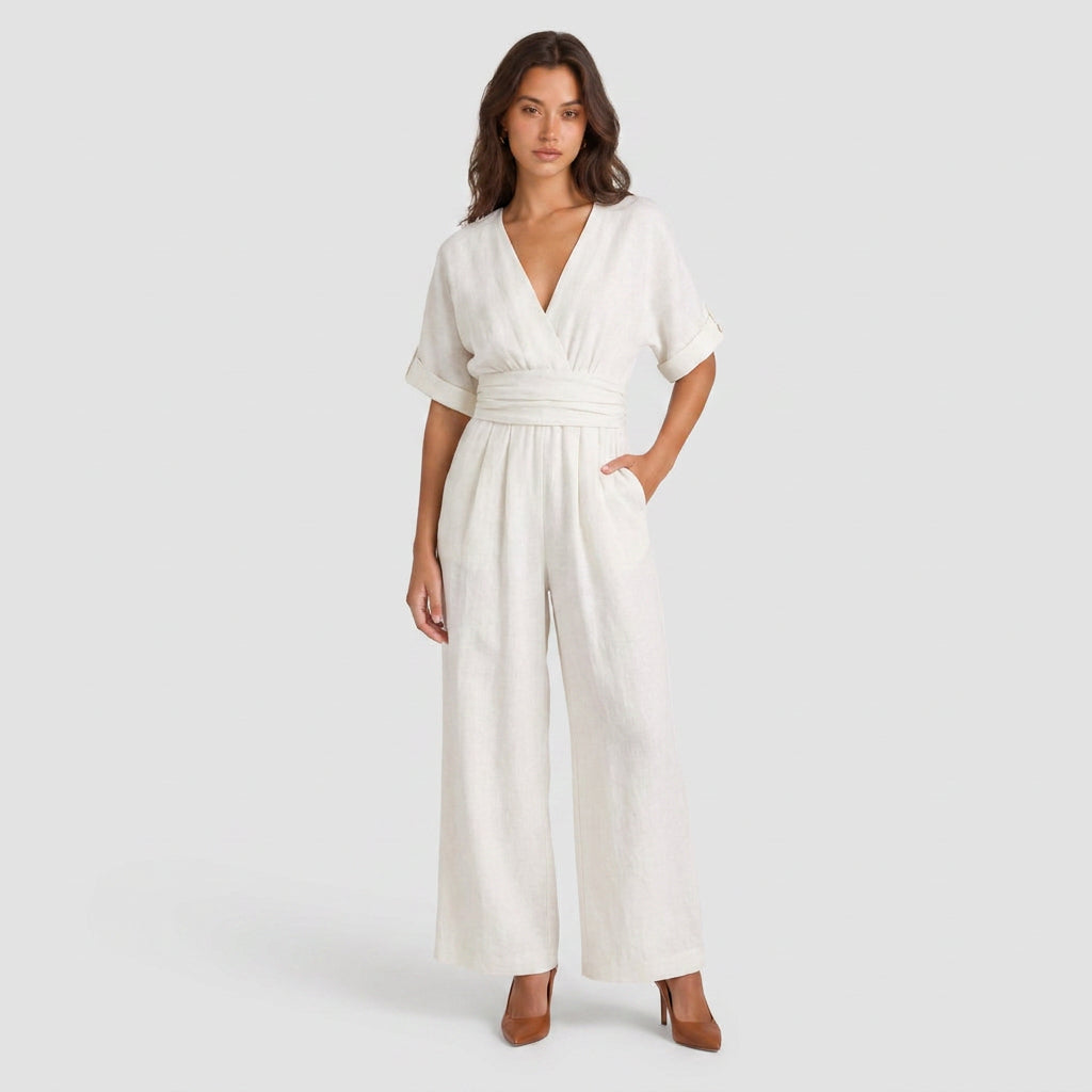 Combinaison Longue à Aspect Lin et Taille Nouée pour Femme