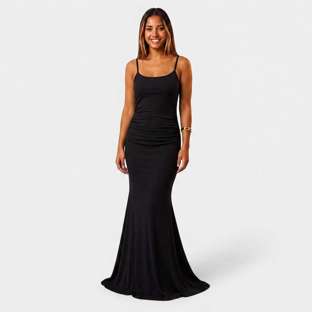Robe Maxi Jersey Côtelé Bretelles Fines Froncée Évasée Pour Femme