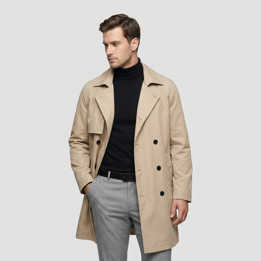 Trench-Coat Long Croisé à Col Tailleur pour Homme