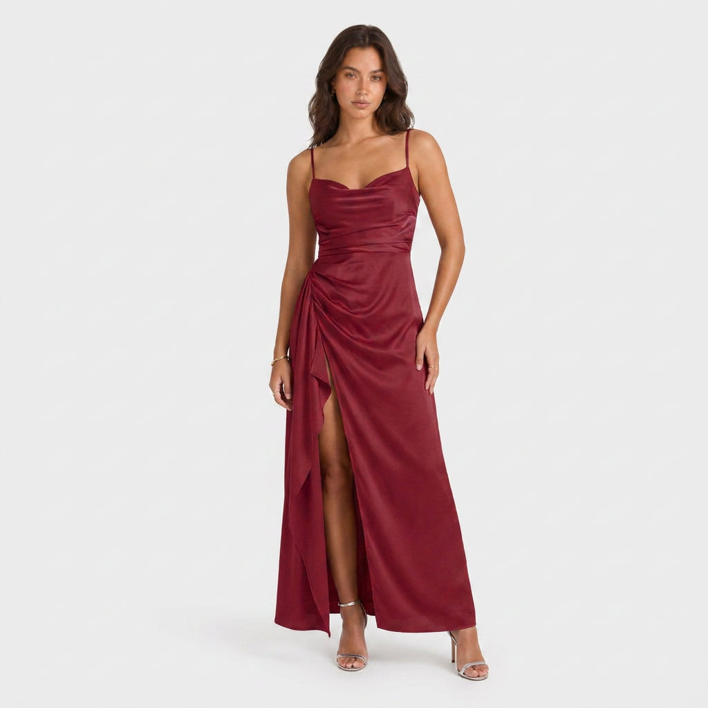 Robe de Soirée Longue en Satin à Fente Volantée pour Femme