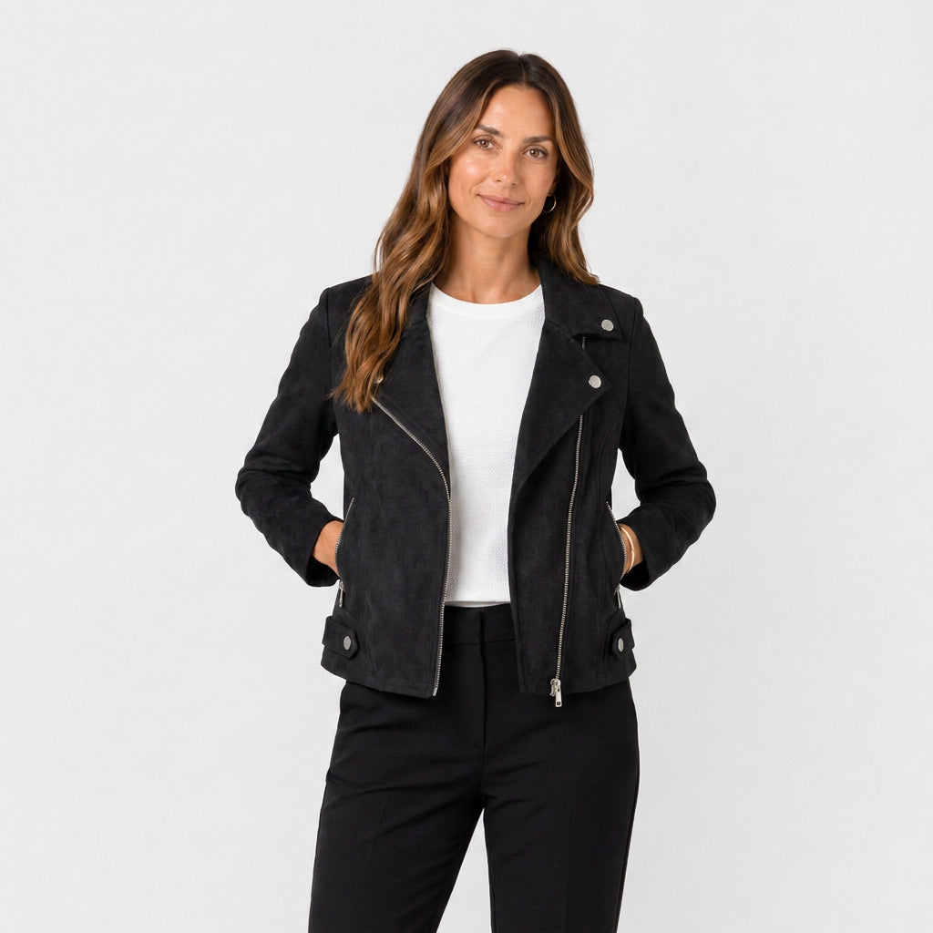 Veste Perfecto à Aspect Daim et Zip Asymétrique pour Femme
