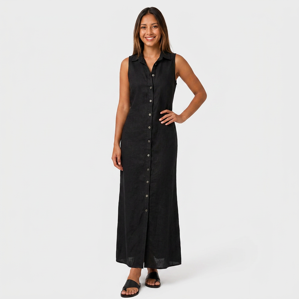 Robe Chemise Maxi Lin Sans Manches Boutonnée Col Chemise Pour Femme