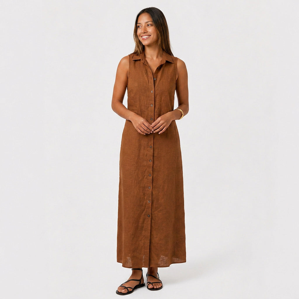 Robe Chemise Maxi Lin Sans Manches Boutonnée Col Chemise Pour Femme