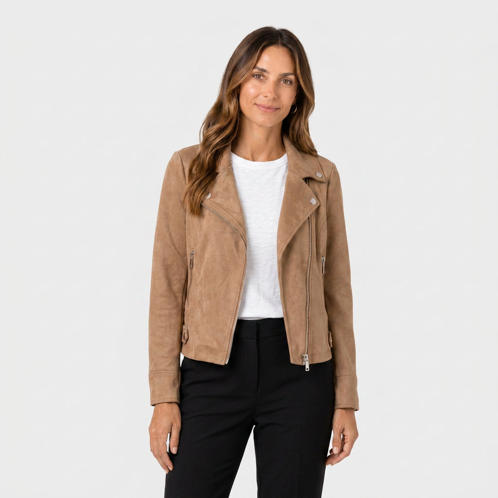 Veste Perfecto à Aspect Daim et Zip Asymétrique pour Femme