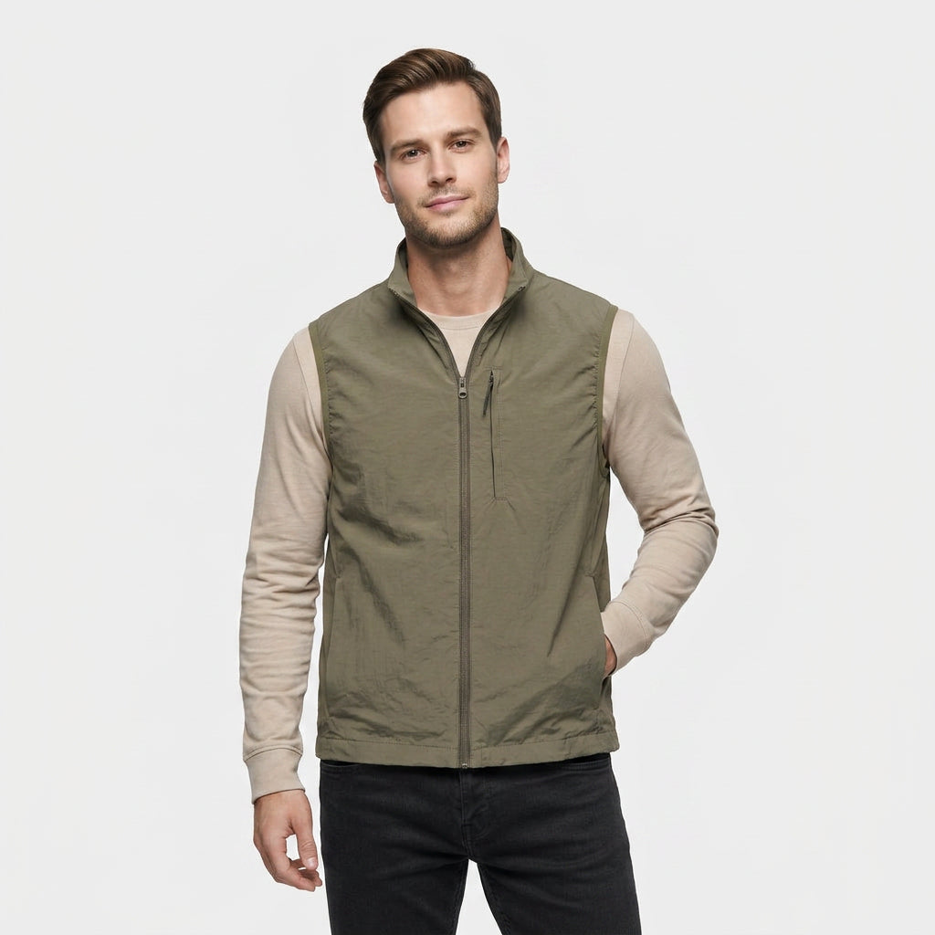 Gilet Sans Manches Zippé Col Montant Poche Zippée Pour Homme