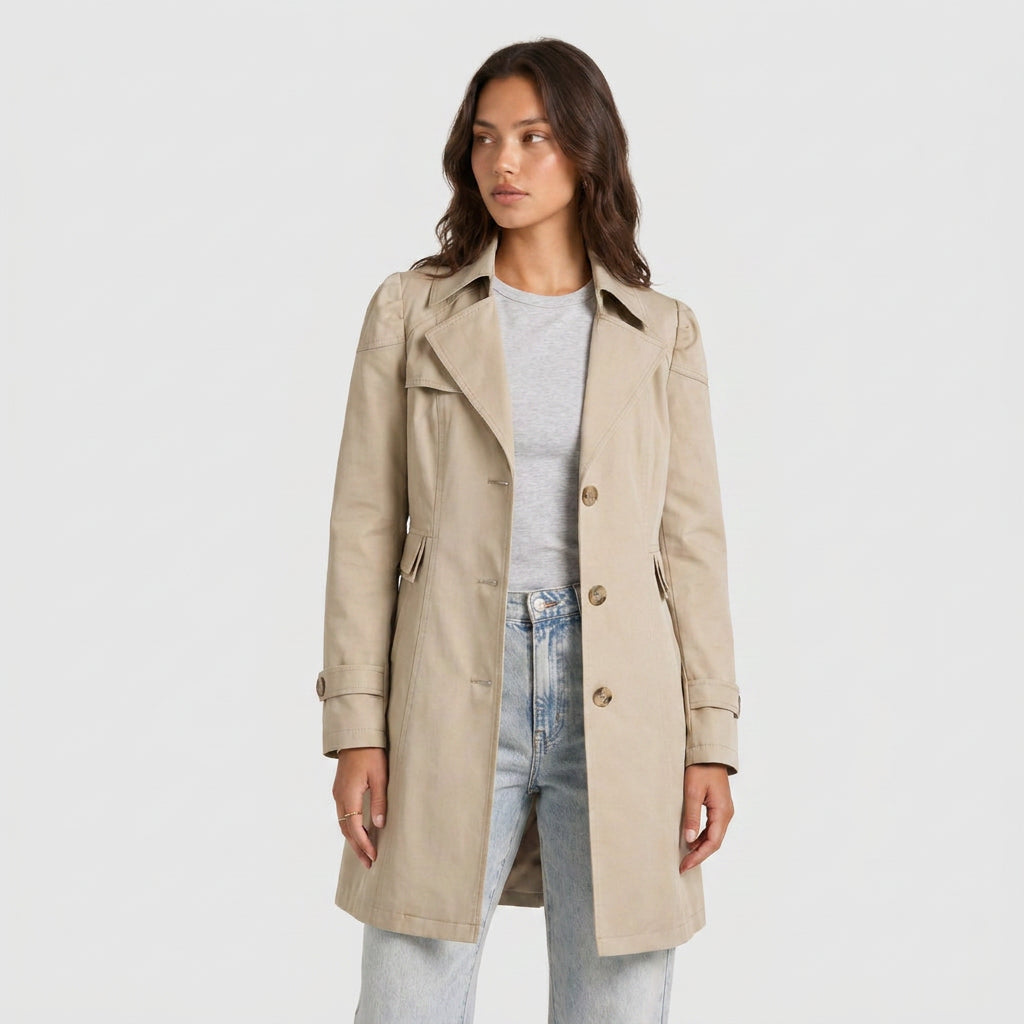 Trench-Coat Mi-Long Cintré à Col Tailleur pour Femme