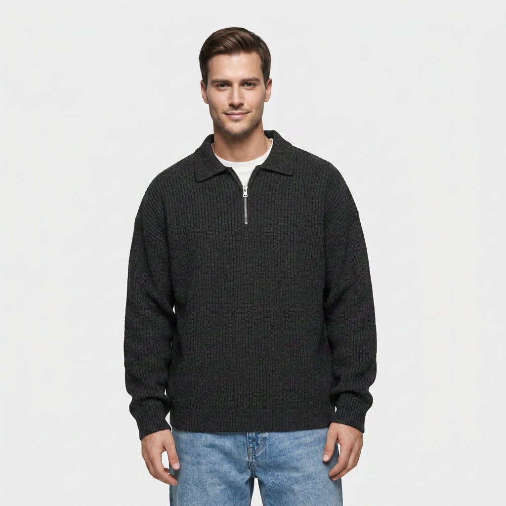Pull Oversize à Col Polo Zippé en Maille Côtelée pour Homme