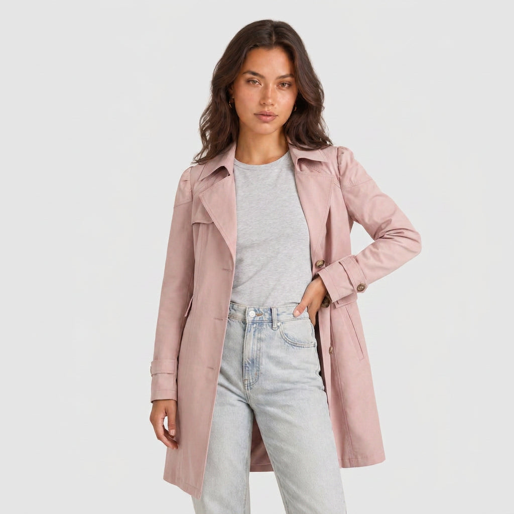 Trench-Coat Mi-Long Cintré à Col Tailleur pour Femme