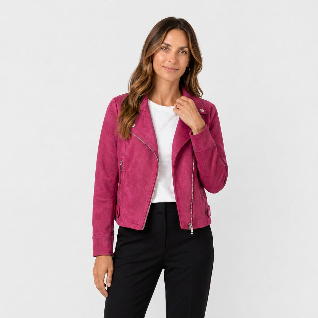Veste Perfecto à Aspect Daim et Zip Asymétrique pour Femme