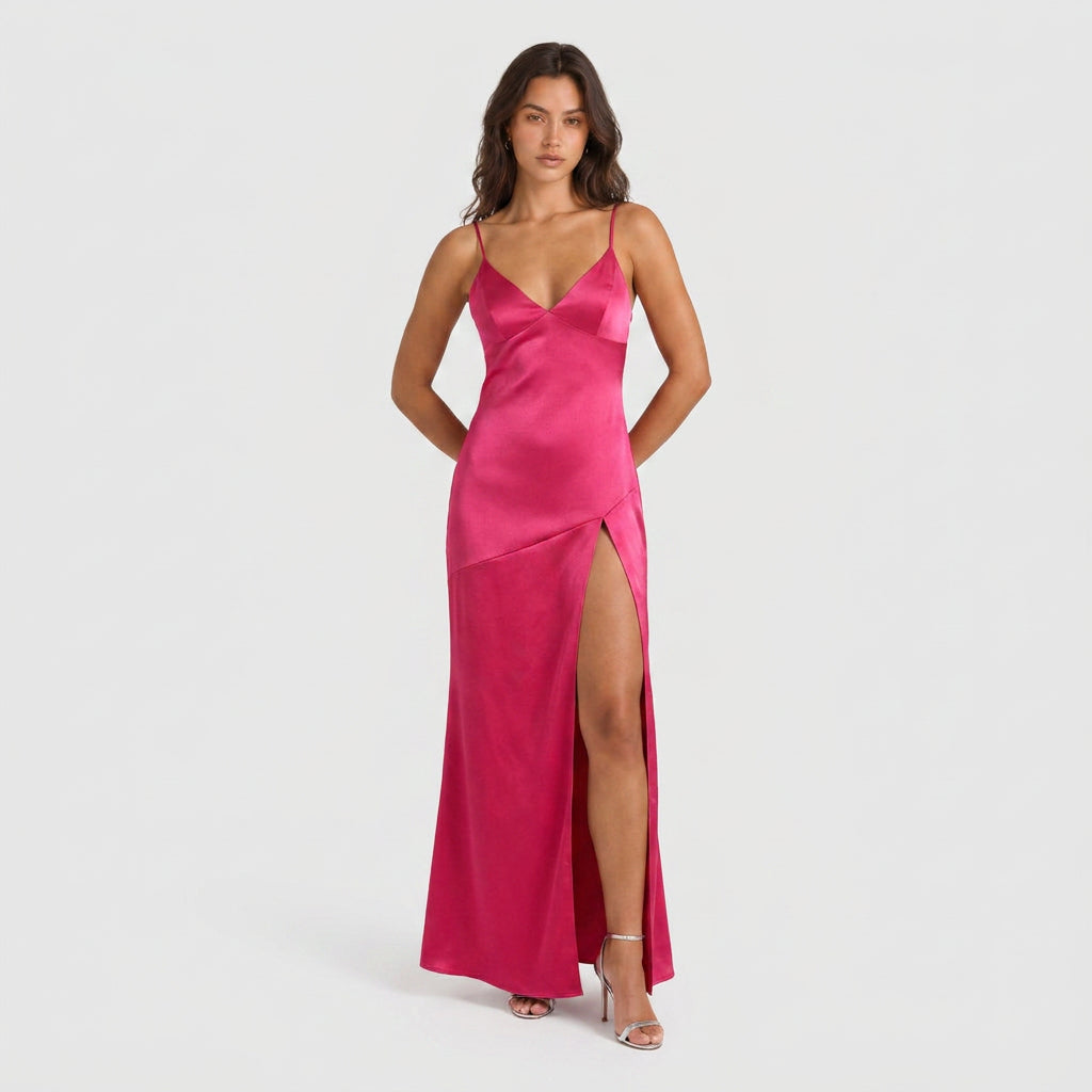 Robe de Soirée Longue en Satin à Fente pour Femme